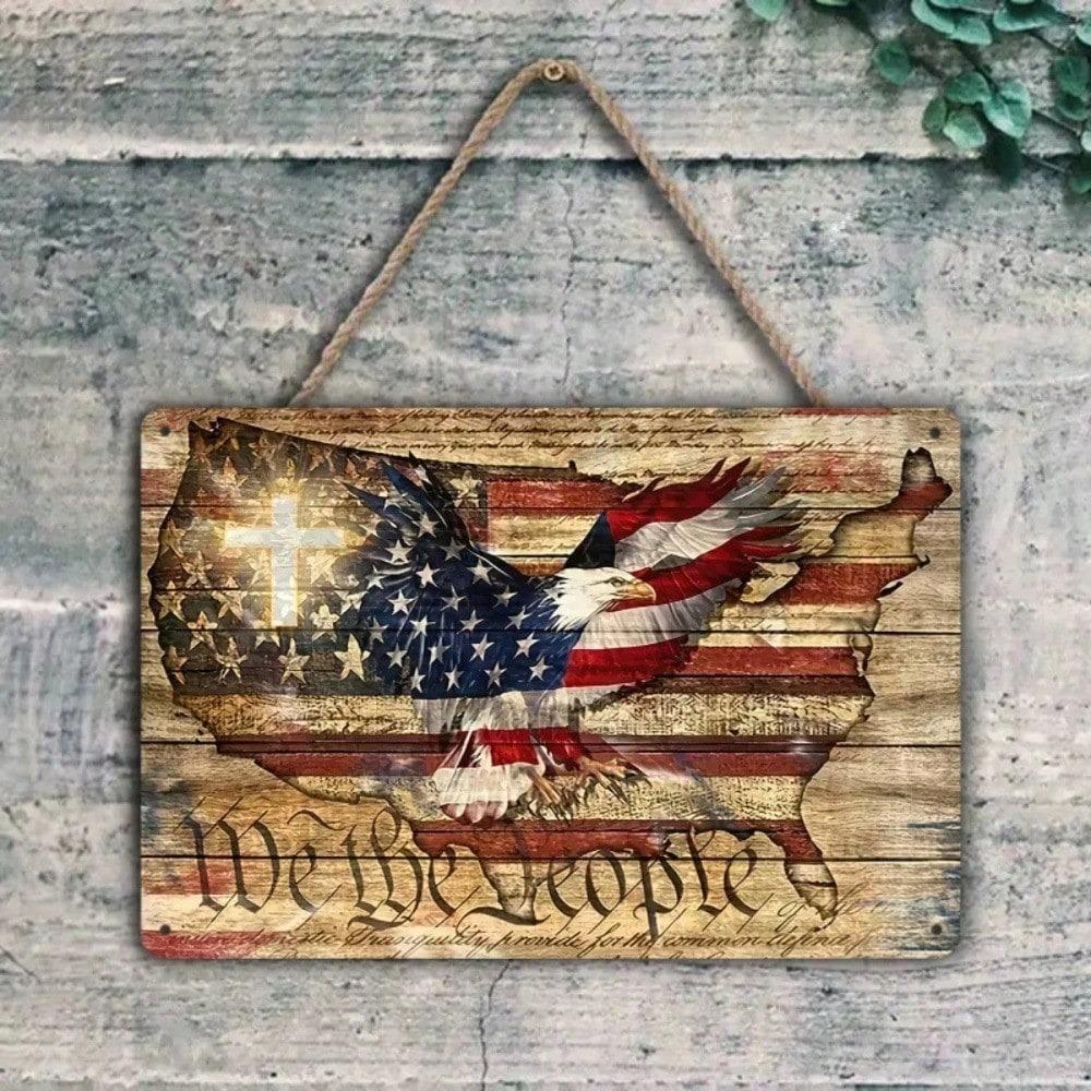 Metal Wall Art Vintage Tin Sign 8x12 Inch Rustic American Flag Constitution Design Patriotic Decor We The People