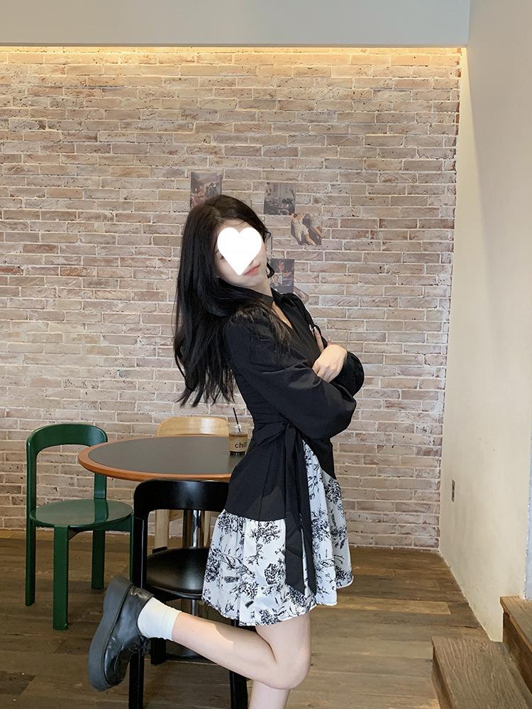 2024 Autumn French Ink Floral Patchwork Slimming Long-Sleeve Dress