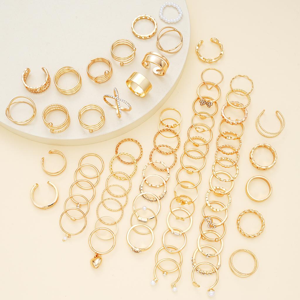 70Pcs/Set Retro Boho Crystal Ring For Women Geometry Pearl Heart Butterfly Gold Color Ring Set Fashion Party Jewelry Accessories
