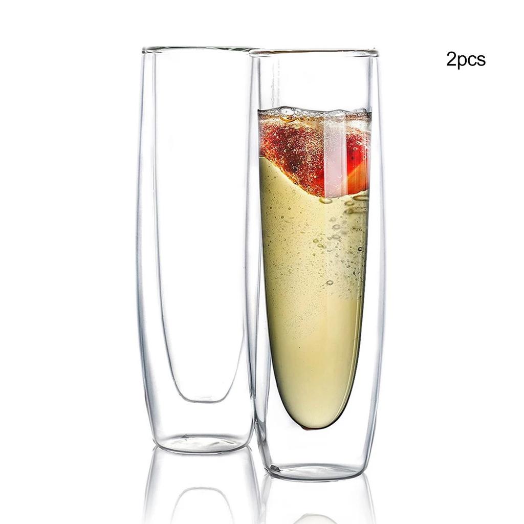 2pcs Double Walled Champagne Flute 150ml Stemless Mimosa Glasses for Bar Party Wedding Home