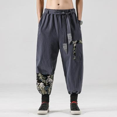 Kimono giapponese da uomo in cotone e lino Costume da samurai Ukiyo-e Cintura con stampa Retro pantaloni harem Haori Pantaloni larghi Harajuku Hip Hop