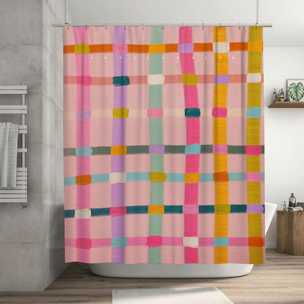 Multicolored Plaid Shower Curtain Waterproof Bath Rug Liner For Bathroom Decor Pink, Yellow, Green (180X180Cm)