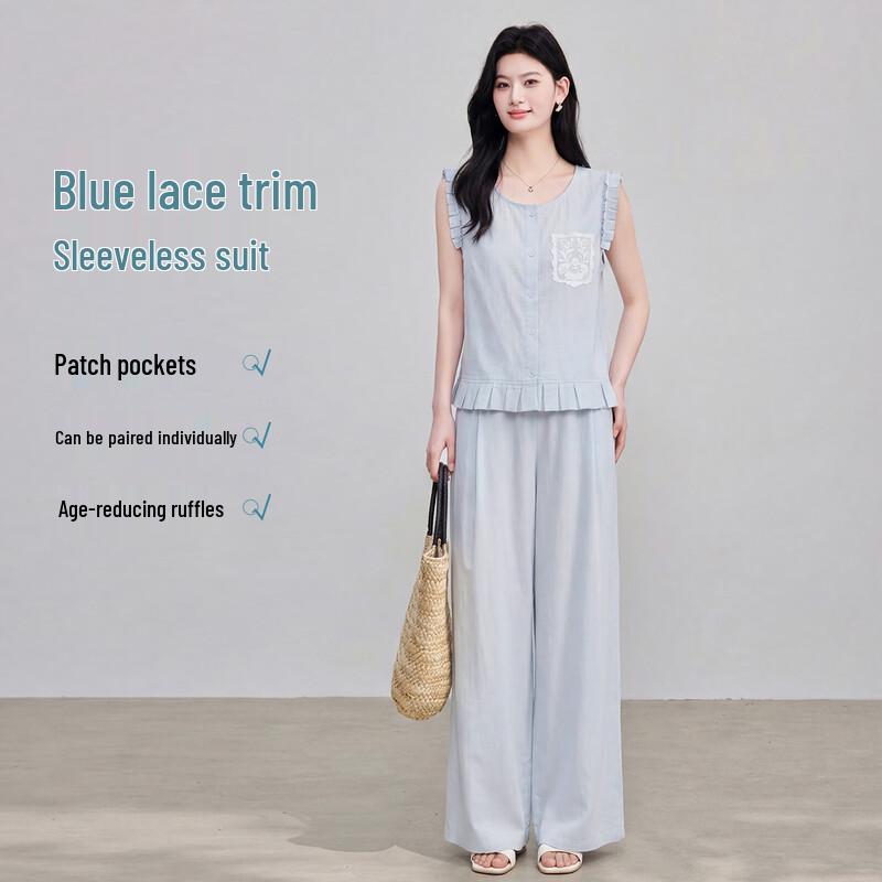 FivePlus Blue Stripe Ruffled Sleeveless Set L