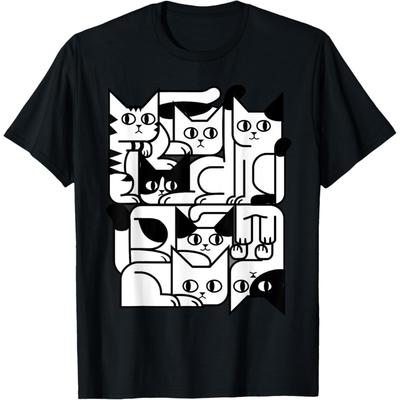 Feline Animal Friends Apparel for Cat Enthusiasts Geometric Cat Silhouette Abstract Kitten Classic Cute Cat T-Shirt, Small, Black