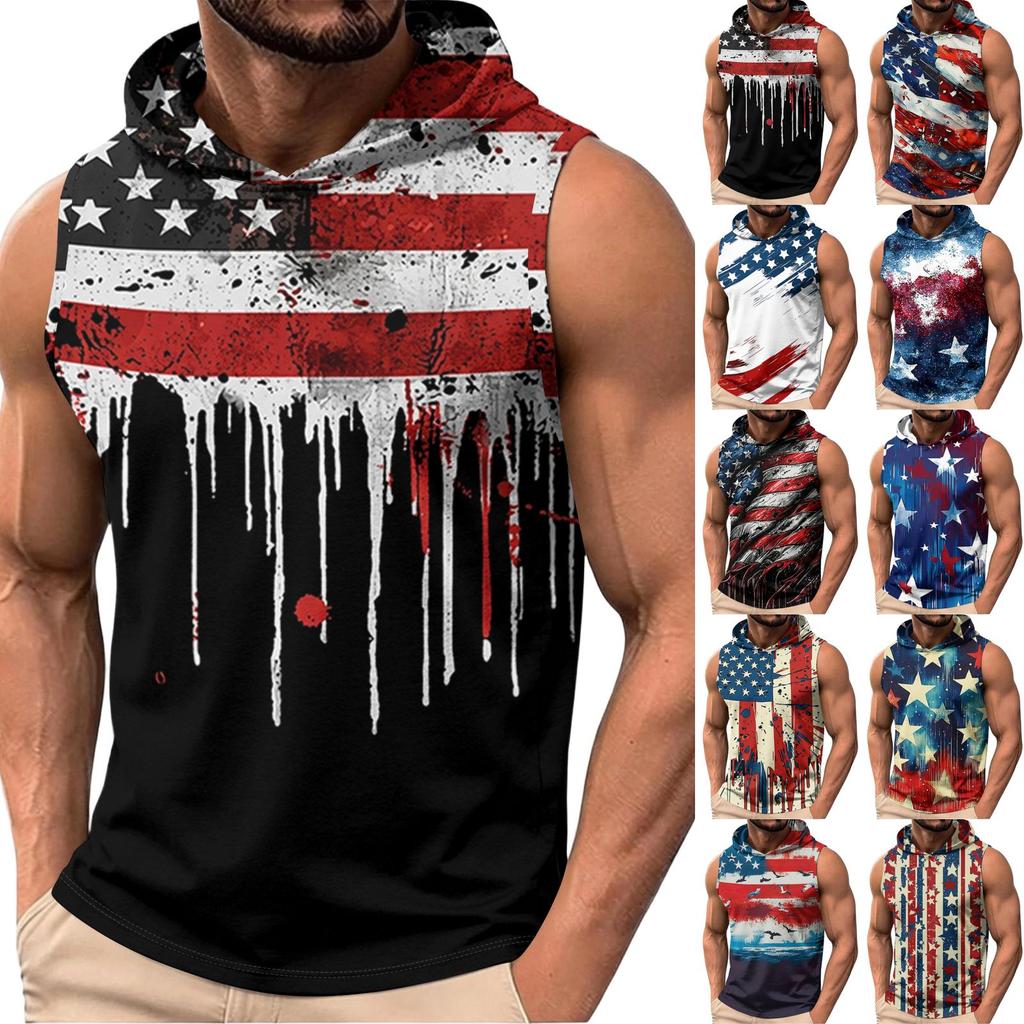 Men’s Sleeveless Hooded Tank Top with Graphic Print Loose Fit Pullover Casual Lightweight Athletic Wear for Summer