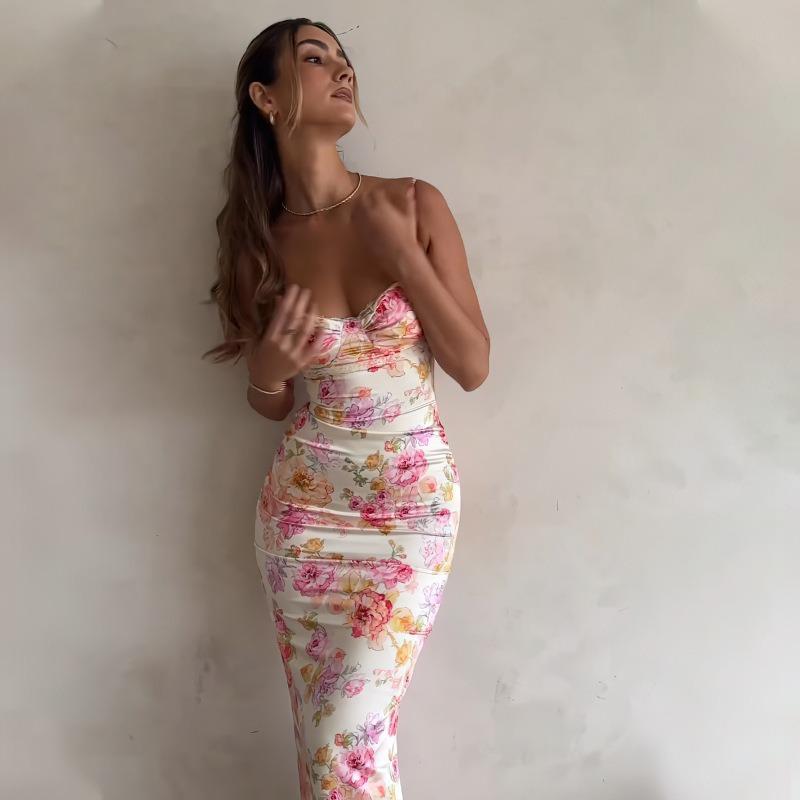 New Fashion Sleeveless Printed Sexy Backless Suspender Dress Slim Fit Elegant Bodycon Summer Party Long Dress Female Streetwear Casual Clothing