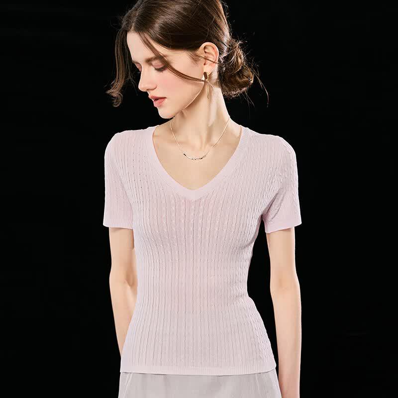 Wudao Women's Twist Knit V-Neck T-Shirt