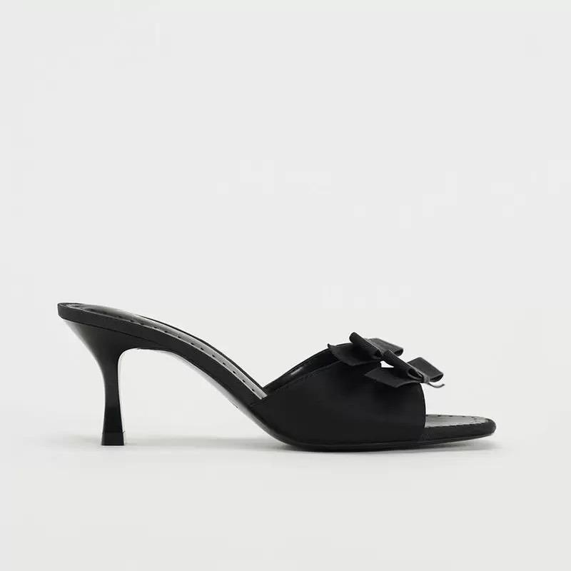 Fashion Summer New Square Head Thin Heels Open-toe Slippers Black Bow Temperament Fashion High-heeled Sandals To Wear Sandalias