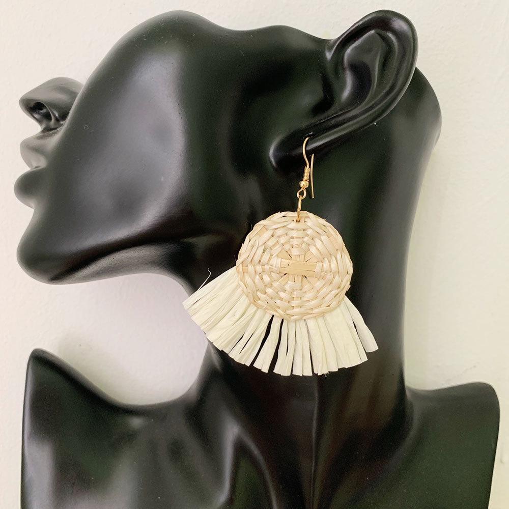 Korean Resort Style Handmade Rattan Raffia Straw Dangle Earrings with Ear Clips