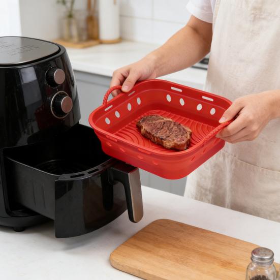 Foldable Round/Square Air Fryer Liner Basket 8.5 Inch Air Fryer Silicone Pot Reusable Baking Tray Accessories for 3.6-6.8 QT Oven Microwave