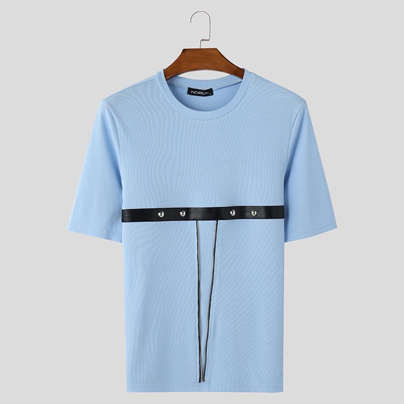 

INCERUN Мужские летние футболки с коротким рукавом и круглым вырезом в стиле пэчворк, повседневные облегающие футболки, топы 2XL синий