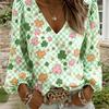 V-necked lantern-sleeve design women's long-sleeved top, lucky three-leaf clover print loose and slimming long-sleeved top