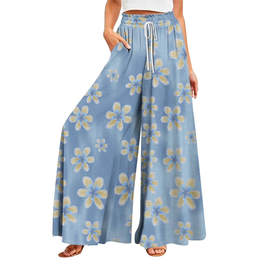 Pantaloni largi de vară pentru femei, cu talie înaltă, buzunare fluide, ocazional, ocazional, pantaloni de plajă imprimați boemi