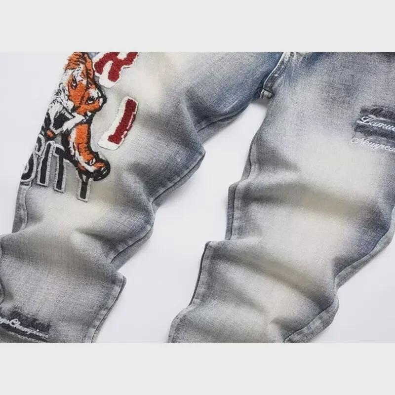 Retro Blue Slim-Fit Men's Jeans with Tiger Embroidered Badge
