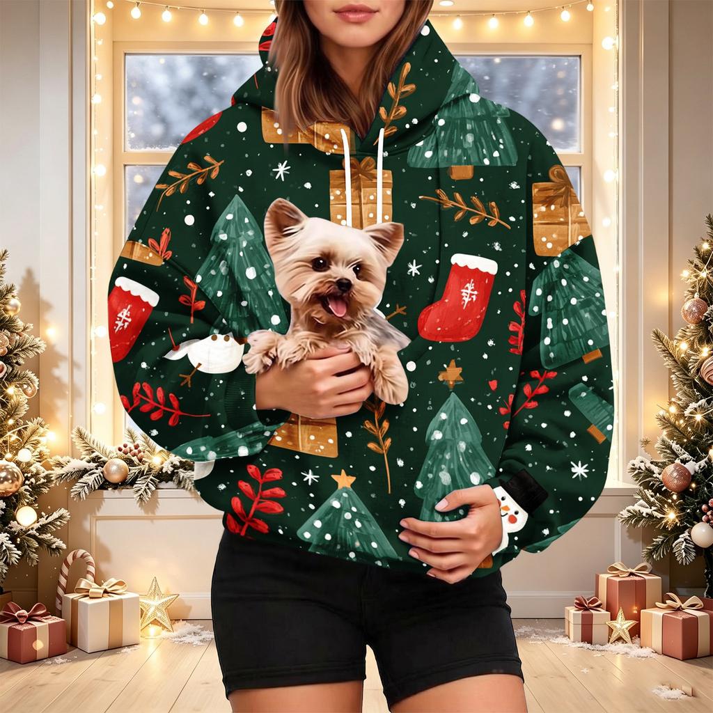 Women's Stylish Christmas Print Hoodie with Pet Pocket, Casual Holiday Pullover for Winter Wear