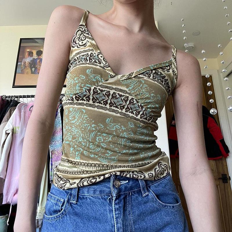 Tištěný V-výstřih Retro Spice Girls Sexy Bez zad Zeštíhlující pas Nika Svrchní nošení Podvazky