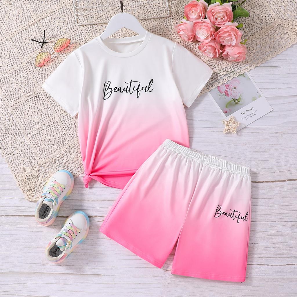 Best-Selling New Style Girls Boys, Simple Fashionable Gradient Letter Printed Shorts Set, Casual Holiday