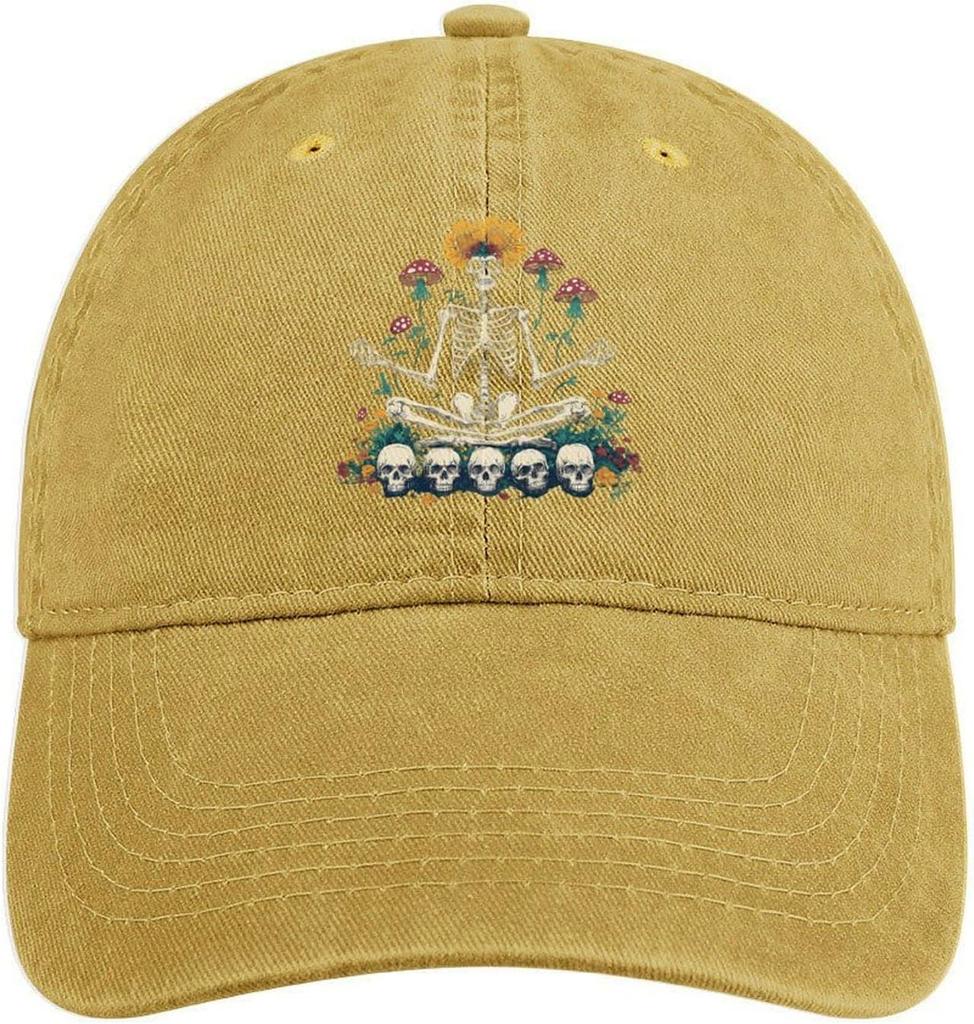 Skeleton Meditation Sunflower Mushroom Skull Print Washed Baseball Cap Unisex Adjustable Cotton Dad Hat