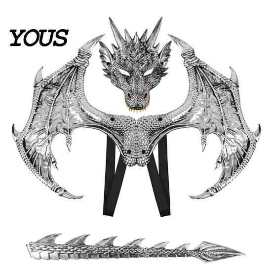 Dragon Dress Up Set Children's Costumes Set, with Mask Tail And Wing, Lightweight Red Blue Green Black Wings Cosplay Costumes, for Ages 3-12