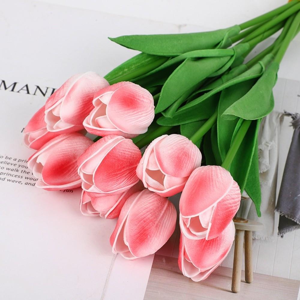 

10pcs Artificial Tulips Flower Bouquet Real Touch Long Branch Artificial Tulips Fade-Resistant Tulips Fake Flower Event Decor темно-розовый