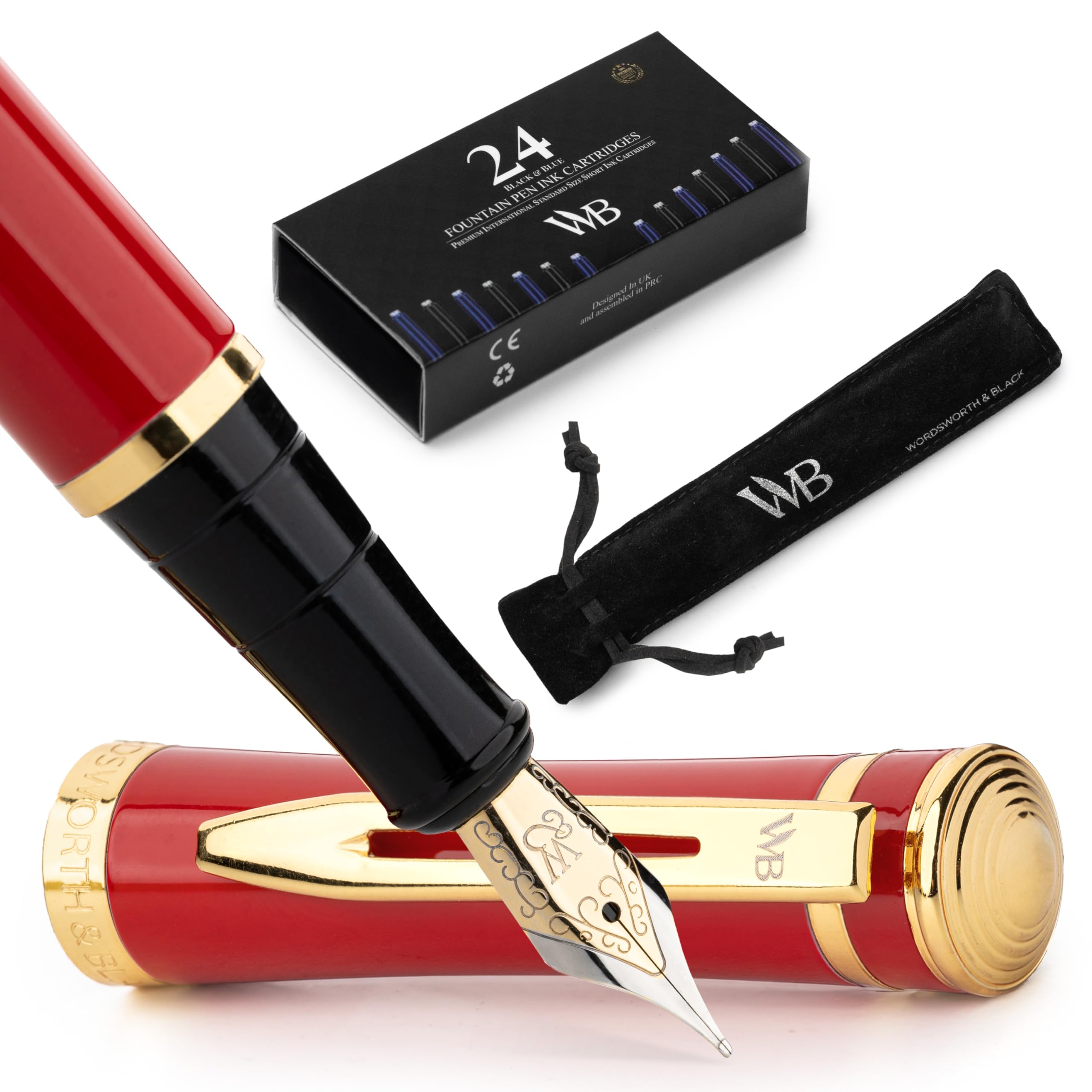 

Wordsworth Black Fountain Pen 18K Glided Medium Includes 24 Pack Ink Ink Refill Converter Gift Gold Perfect for Men Women & Set, Nib, Cartridges, &