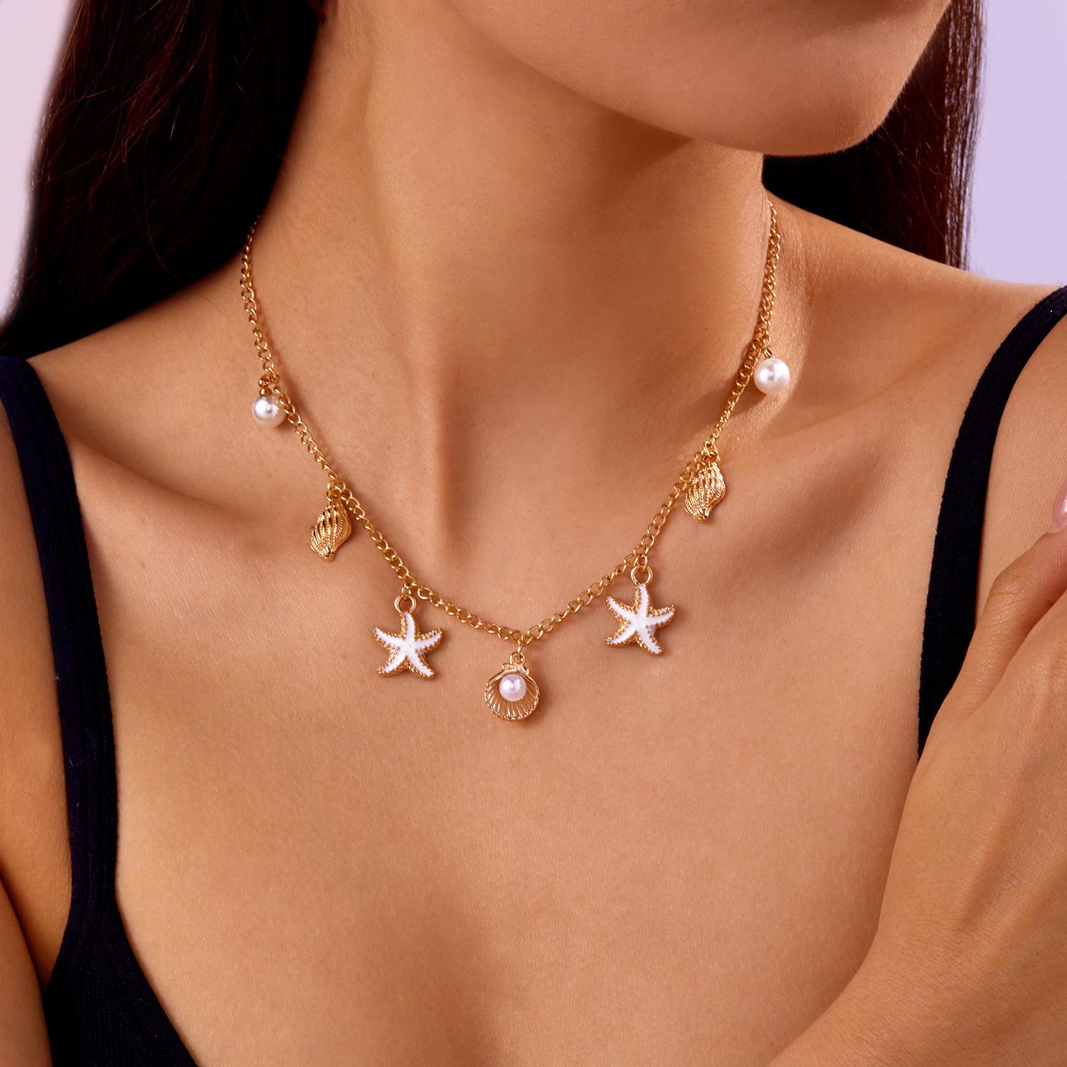 

Bohemian Zircon Starfish Shell Conch Pendant Necklace for Women Imitation Pearl Turtle Metal Chain Choker Beach Vacation Jewelry