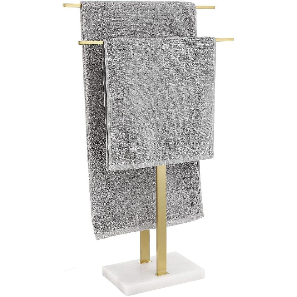 Gold,WEIDPHL Tall Standing Towel Rack, Double-T Shape Tall Bath Towel Sheet Holder with Marble Design Base, 2-Tier Towel Stand for Bathroom Floor,
