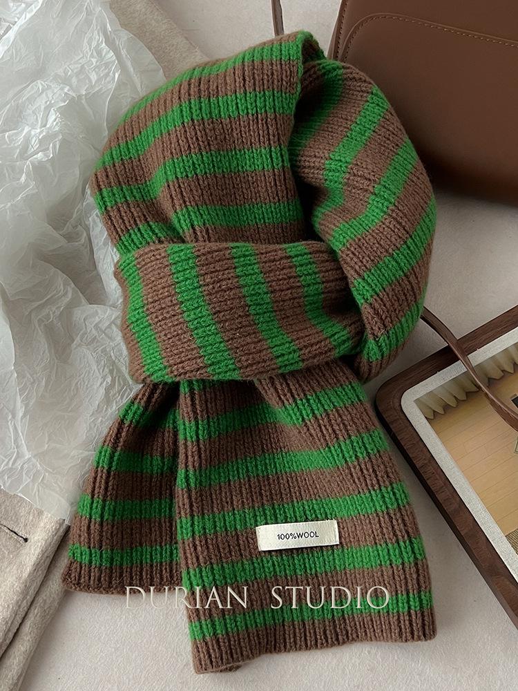 

Зимний теплый полосатый шарф из 100% чистой шерсти, вязаный утеплитель для шеи в корейском стиле