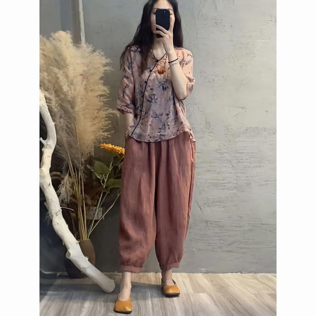 Damen Sommer Personalisierter Casual Dünner Anzug V-Ausschnitt Bauchschattierungsoberteil + Harlekinhose Zweiteiliger Anzug