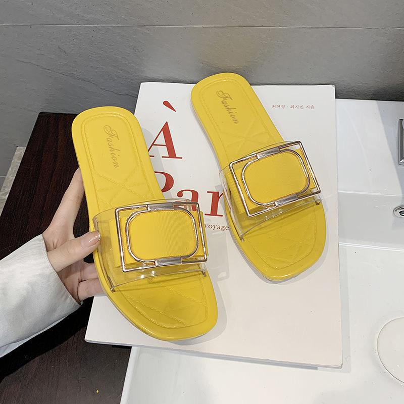 Versatile trend non-slip square buckle slippers women's outer wear summer  fashionable transparent casual and comfortable slippers