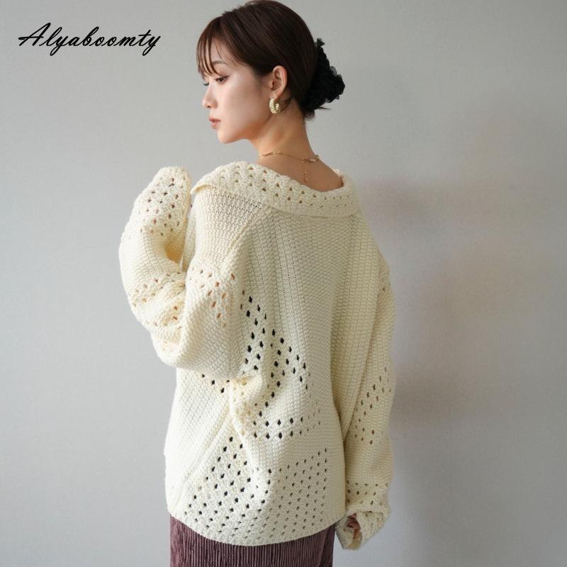 Korean Fashion Spring Autumn Women Knitted Cardigan Turn-Down Collar Knitting Oversized Coat Baggy Beige Hollow Out Outerwear With Pockets