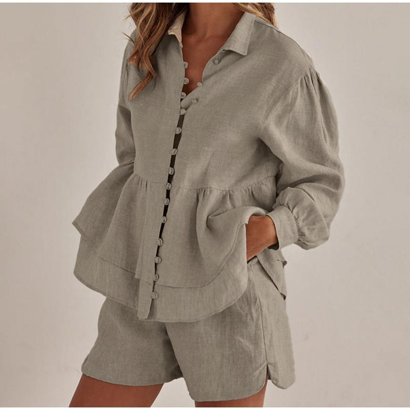 Women's Collar Double Layered Lace Shirt Shorts Set Solid Color Pleated Decoration Women's Summer Set Daily Casual Style Lady Clothes