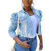 2026 Women's Korean-European Style Denim Cropped Jacket with Turn-up Puffy Long Sleeves
