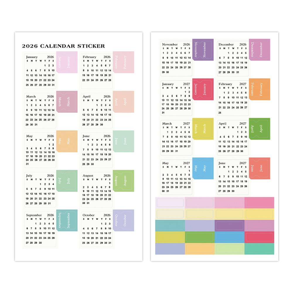 Diy Scrapbook 2026 Calendar Stickers 2 Sheets Cartoon Monthly Planner Stickers Self-adhesive Simple Calendar Tags
