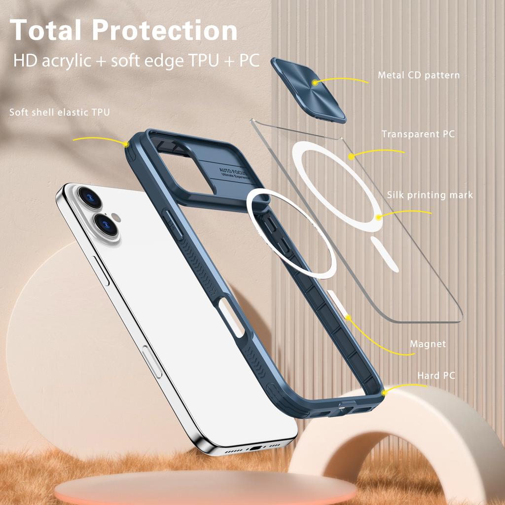 For iPhone 16 Clear Phone Case Compatible with MagSafe PC Cover with Camera Lens Slider