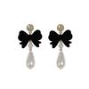 Retro Red Flocked Bow Pearl Earrings with Full Diamond Shine - Elegant New Year Fashion