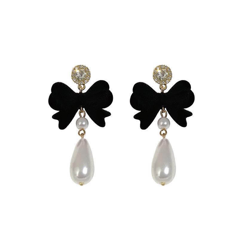 Retro Red Flocked Bow Pearl Earrings with Full Diamond Shine - Elegant New Year Fashion