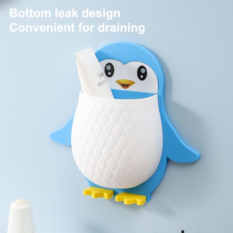 Cute Cartoon Penguin Wall Mounted Storage Holder With No Drill Installation Perfect For Bathroom Toothbrush Toiletry Organizer