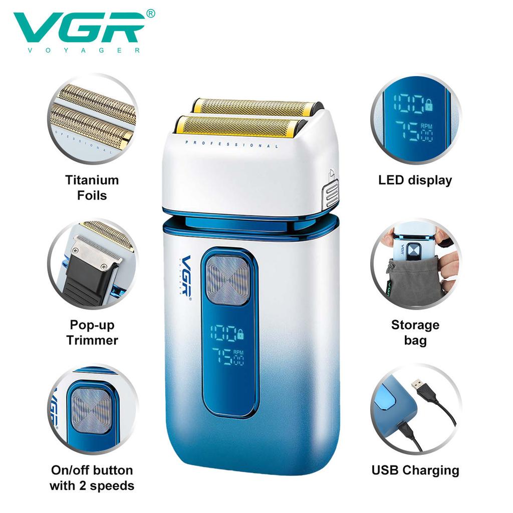 VGR Shaver for Men Smart LED Digital Display Shaver Barber Washable Dual Foil Beard Electric Razor Balds Head Shaving Machine with Extra Mesh V-362