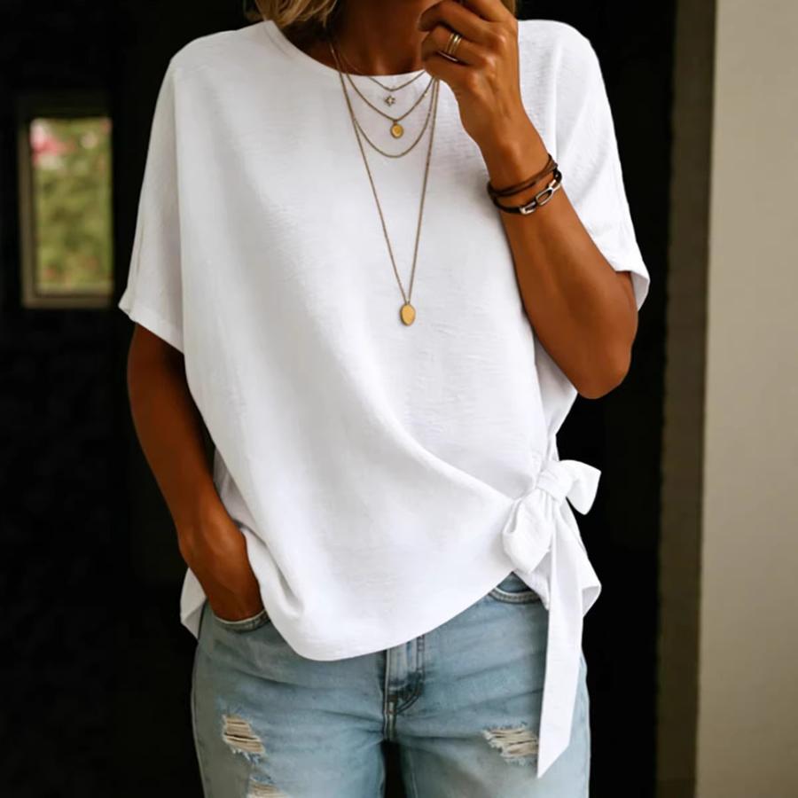 Women's Summer New Solid Color Short Sleeve Loose T-Shirt Top with Frill Hem