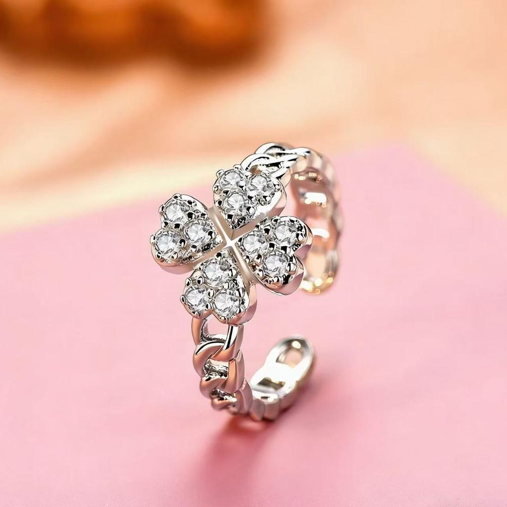 New Arrival Lucky Four-leaf Flower Zircon Ring for Women Flower Fashioneasiest for Matchclassy Sense Open Ring Four-leaf Clover Ring