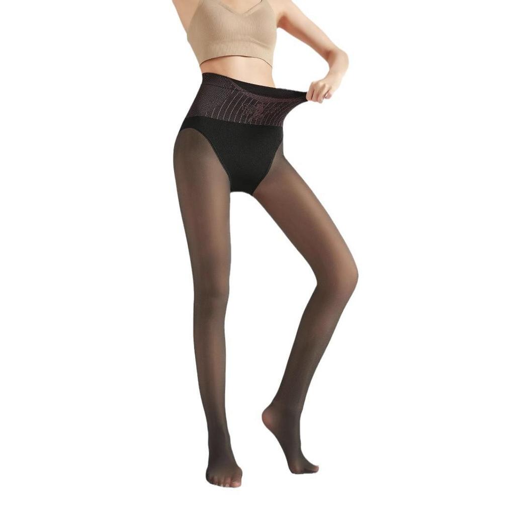 Huaxianzi High Waist Black Silk Tummy Control Leggings with Bare Leg Effect & Fleece Lining