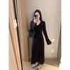 [] V-neck Knitted Dress, Autumn and Winter Slim-fitting Temperament, Bottom Flared Sleeve Sweater, Long Skirt