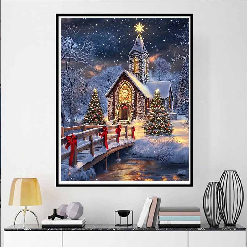 Christmas Castle Full Diamond Painting Set, 5D Panoramic Cross-stitch Craft, DIY Round Gem Rhinestone Crafts, Decorative Home Wall Ornaments and Gifts