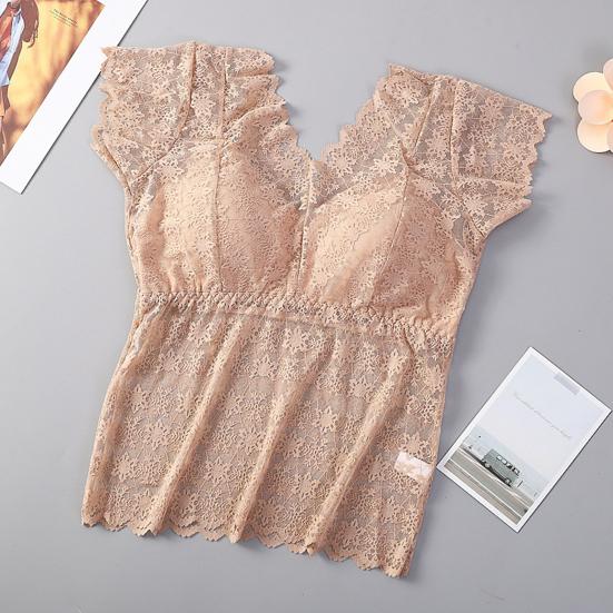 Women Lace Top Mesh Sheer Short Sleeve V Neck Undershirt with Padded Bra Floral