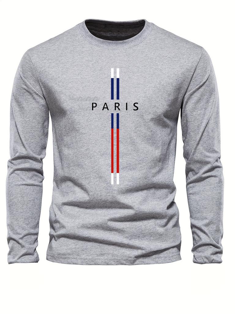 Camiseta holgada 100% de algodón puro para hombre, cómoda, deportiva y de ocio, con estampado de letras de París, cuello redondo, manga larga