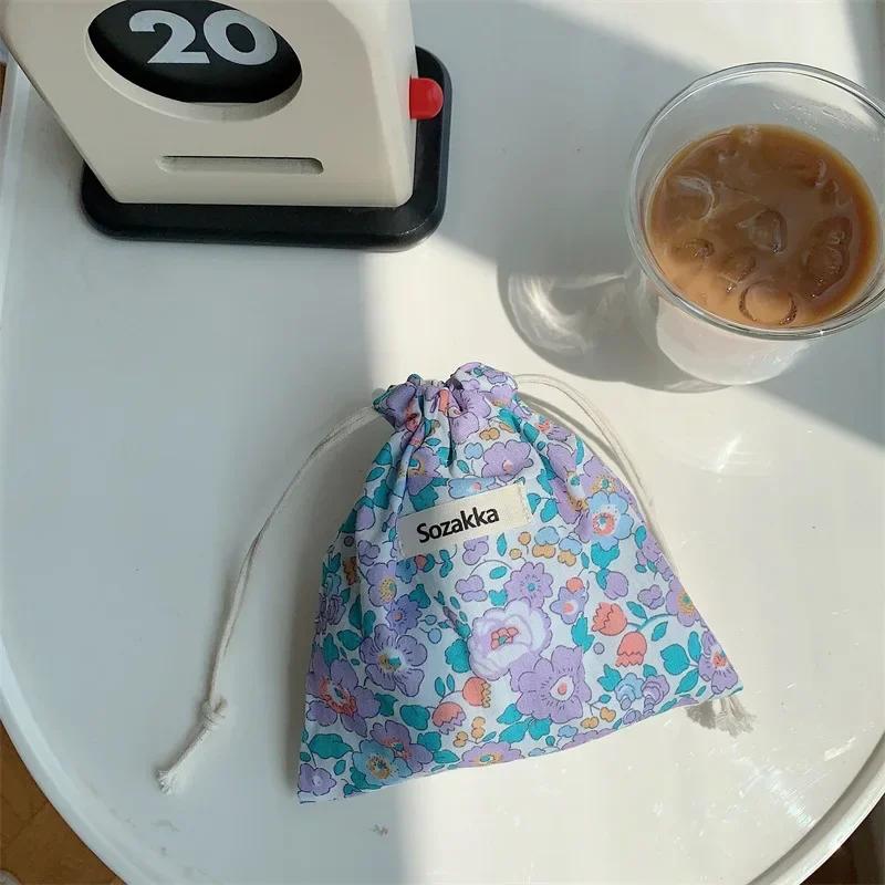 Floral Print Drawstring Coin Purse Lipstick Makeup Bag Travel Organizer Keys Earphone Storage Bag Makeup Pouch Cute Purse Wallet