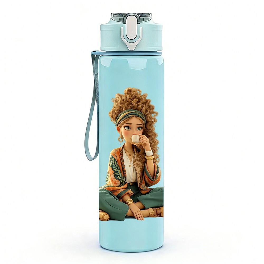 1PC Little Boy Sitting With Potted Plant Print 750ml Color Plastic Sports Water Bottle Leakproof Flip Straw Lid Suitable for Sports Office Home Use