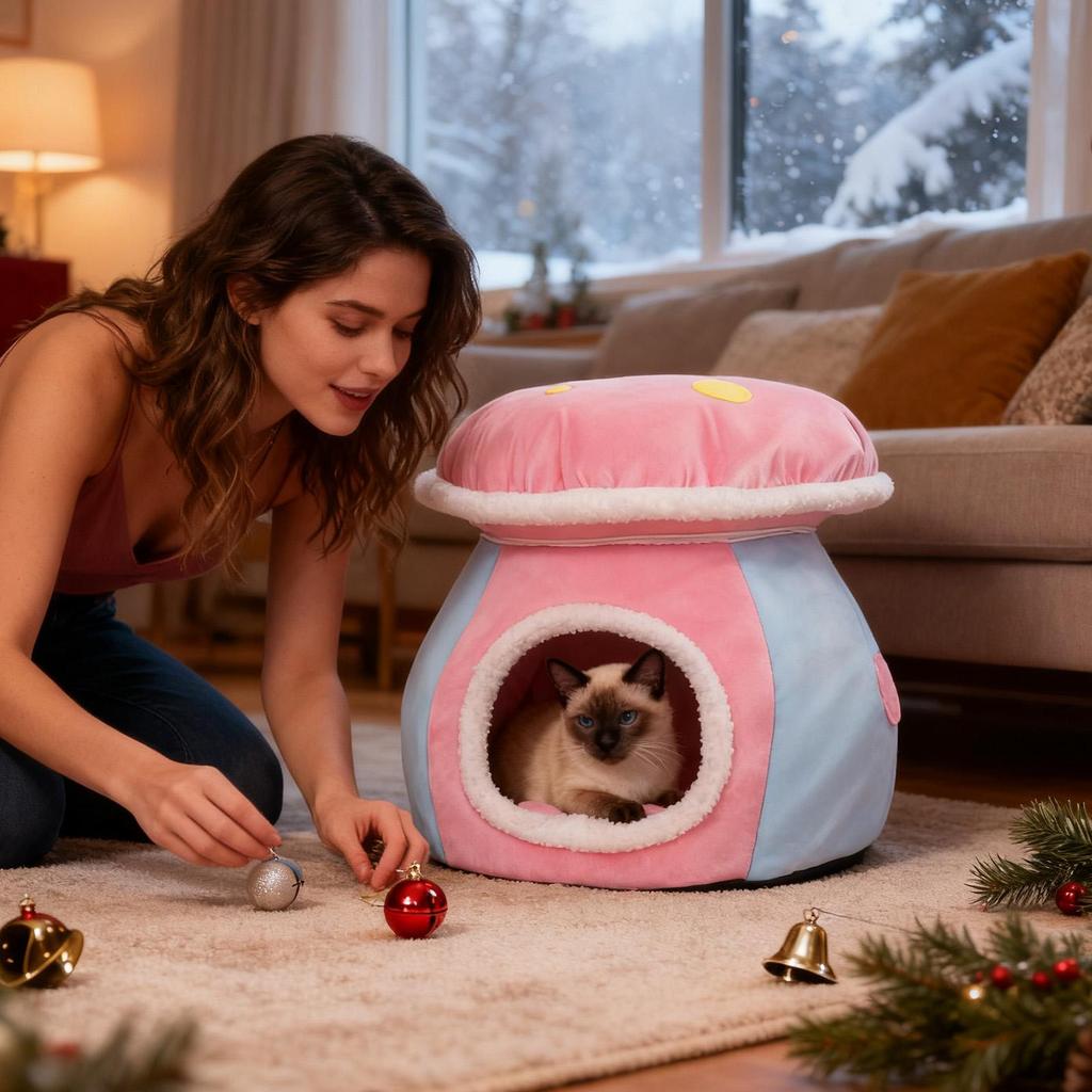 Cat Cave Mushroom Shape Warm Sleeping Dog Nest Indoor Cat House For Puppy Animal Indoor Living Room Bedroom Balcony Apartment
