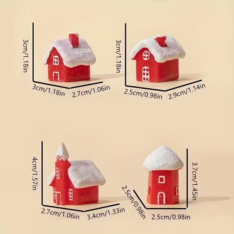 4Pcs Winter Village Snowy House Christmas Resin Miniature Red House Christmas Home Decoration Ornament New Year Party Cake Decor